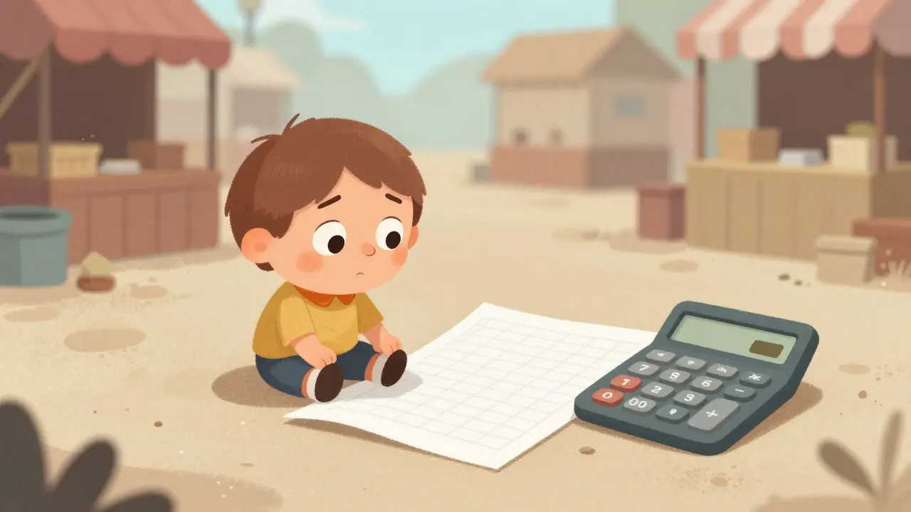 Un jeton triste devant un graphique vide et une calculatrice cassée.