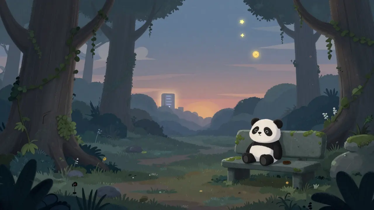 Un jouet panda abandonné repose dans une forêt endormie, sous un ciel étoilé de tokens PANDO inactifs.