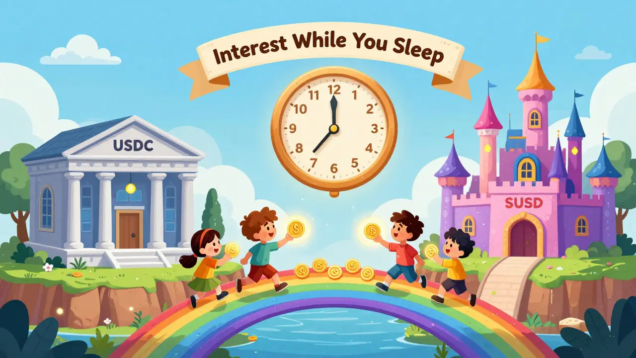 Un pont arc-en-ciel relie une banque traditionnelle à un château Solana, où des enfants échangent des pièces qui augmentent chaque seconde.