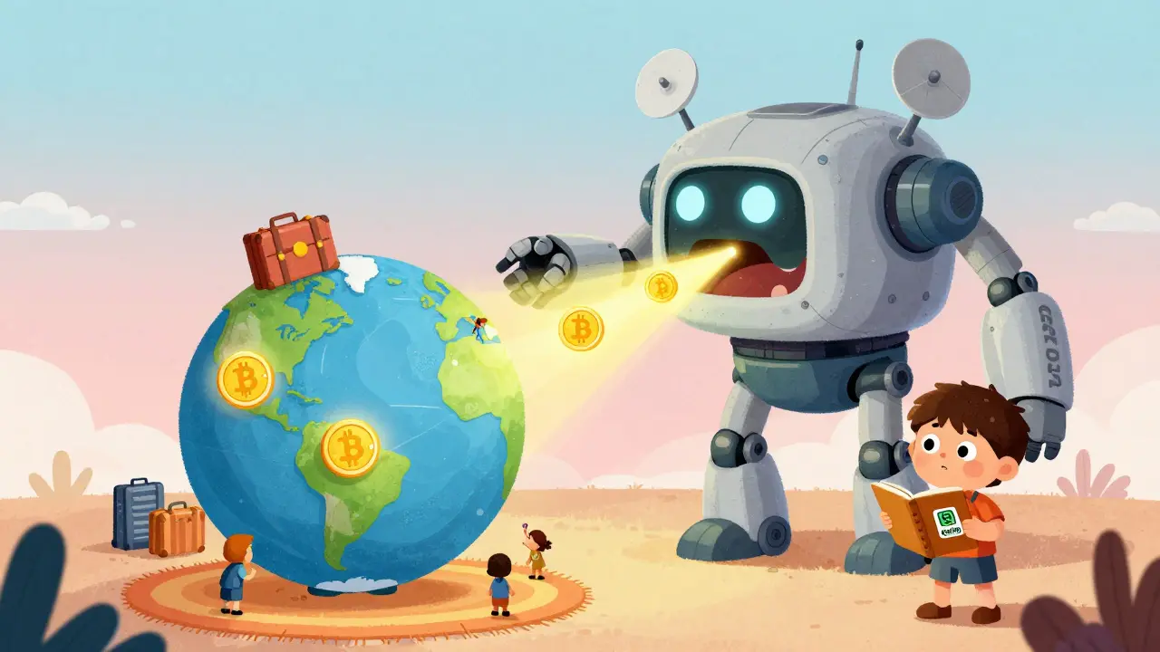 Un robot CARF 2027 qui aspire des pièces de crypto du monde entier, tandis qu'un enfant regarde avec un carnet de suivi.