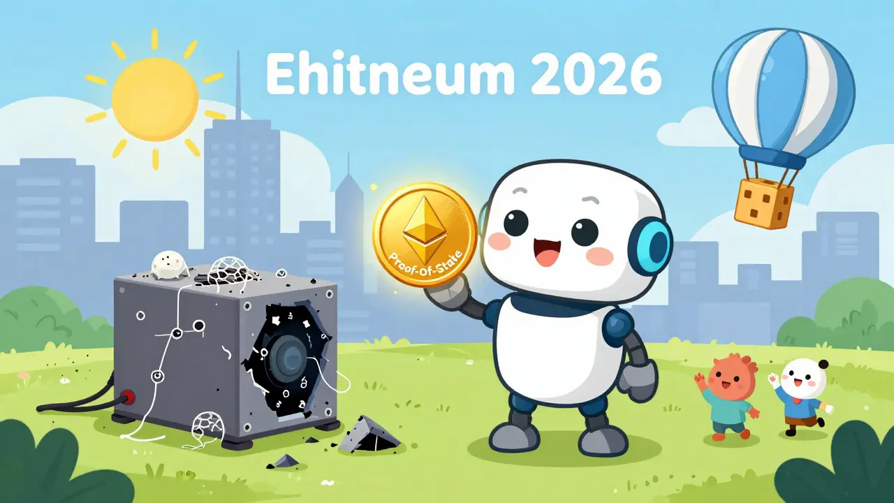 Un robot souriant tient une pièce Ethereum avec un soleil levant derrière une ville moderne, près d'un équipement de mineur rouillé.