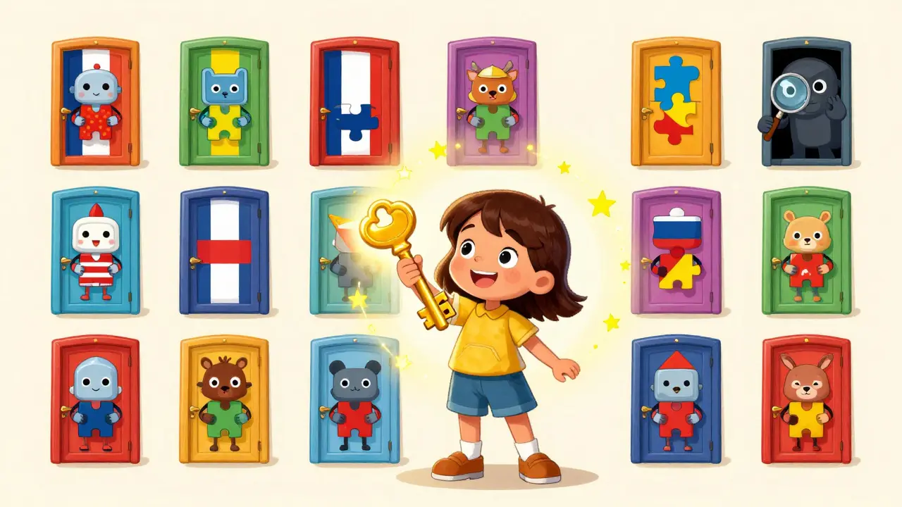 Une fillette tient une clé dorée devant des portes de pays, protégeant des morceaux de données cryptés.