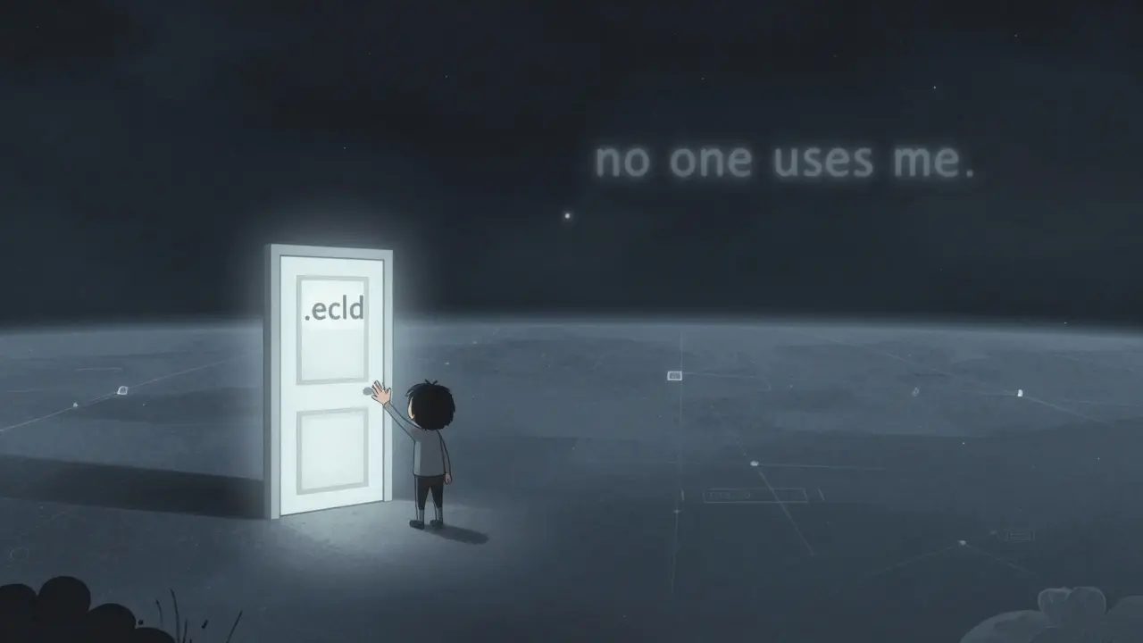 Une porte flottante avec l'étiquette .ecld dans un paysage numérique vide et silencieux.