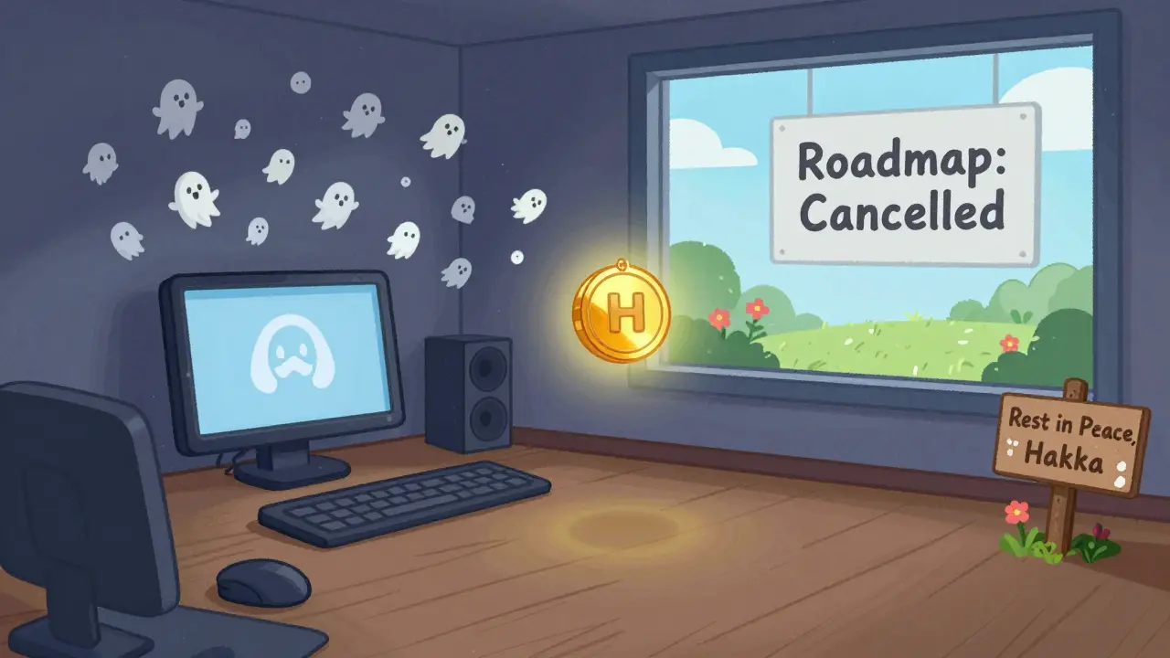 Une salle Discord vide avec des fantômes d'utilisateurs et un jeton HAKKA qui tourne seul, un panneau indique 'Roadmap: Annulée'.