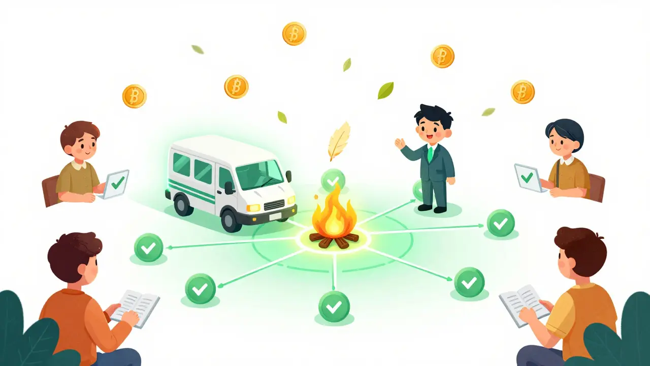 Après EIP-1559, un frais de base disparaît dans un feu doux, tandis qu'un pourboire va à un validateur souriant.