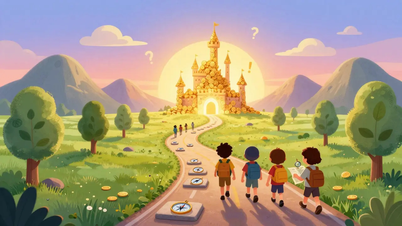 Chemin vers l'avenir avec pierres d'étape menant à un château de pièces brillantes