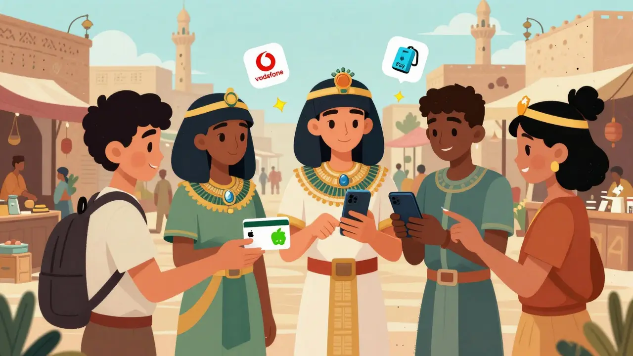 Des adolescents échangent une carte cadeau contre des cryptomonnaies sur un marché animé.