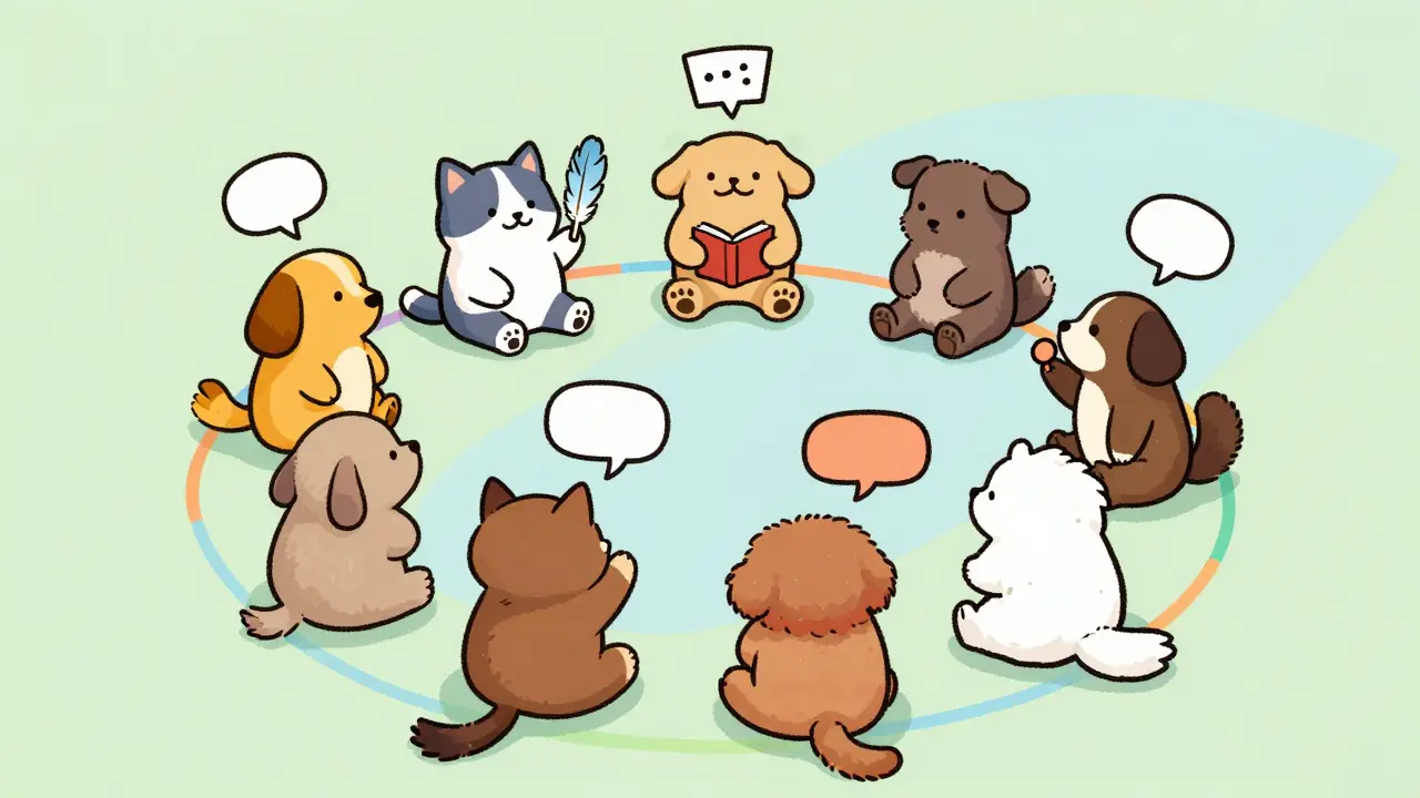 Des animaux connectés par des rubans colorés autour d’une table ronde.