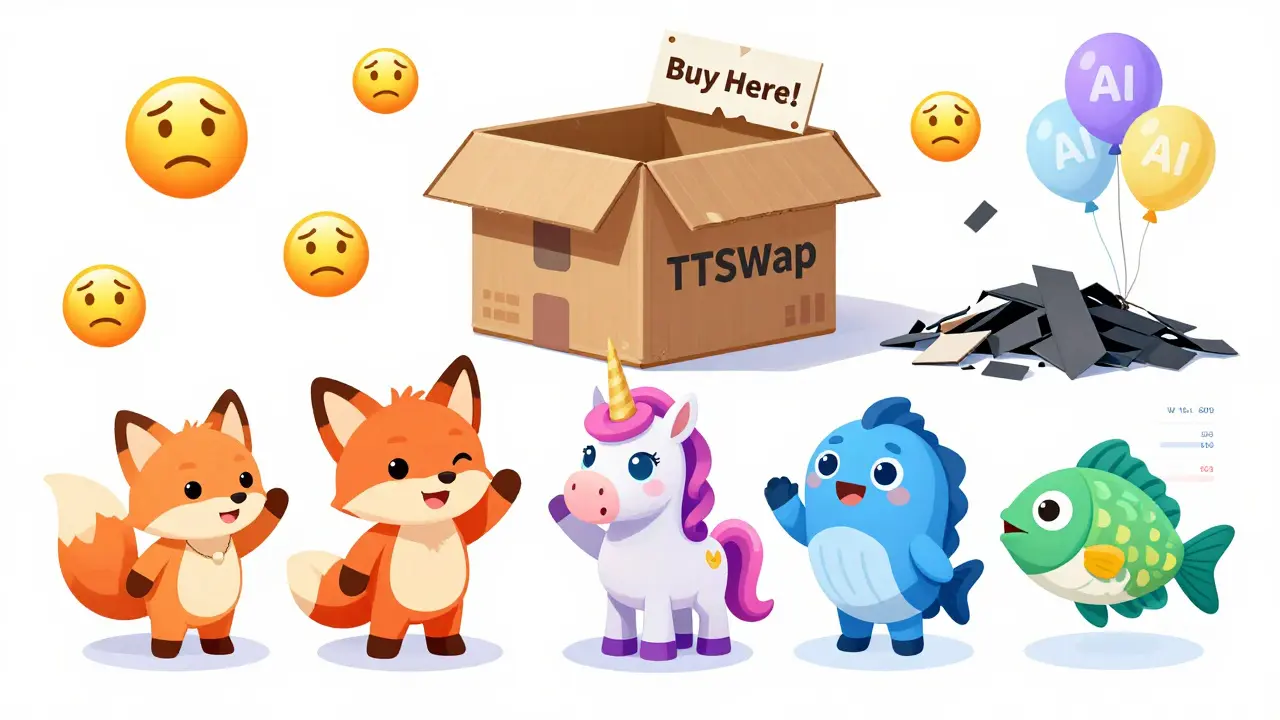 Des animaux de plateformes crypto réelles jouent sur un échange fonctionnel, tandis qu'une boîte TTSwap vide est abandonnée.