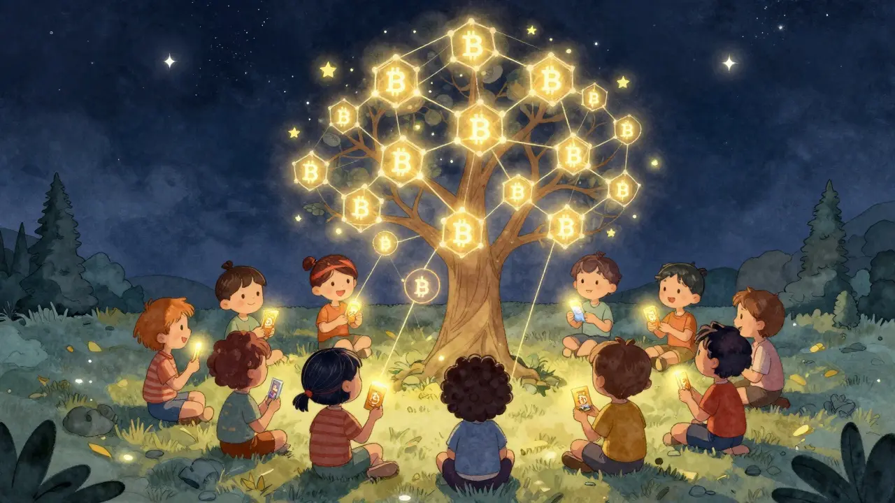 Des enfants tiennent des NFT sous un ciel étoilé, des fils dorés relient leurs cartes à un arbre blockchain scintillant.