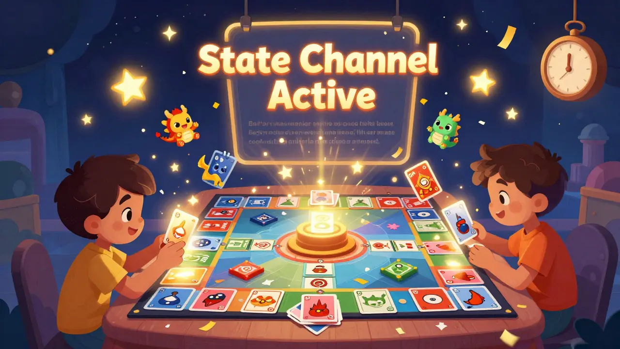 Deux enfants jouent à un jeu en ligne avec des NFTs flottants, un canal d'état scintillant les relie.