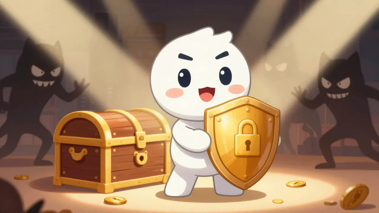 Gardien protecteur bloquant des ombres malveillantes près d'un coffre aux trésors.