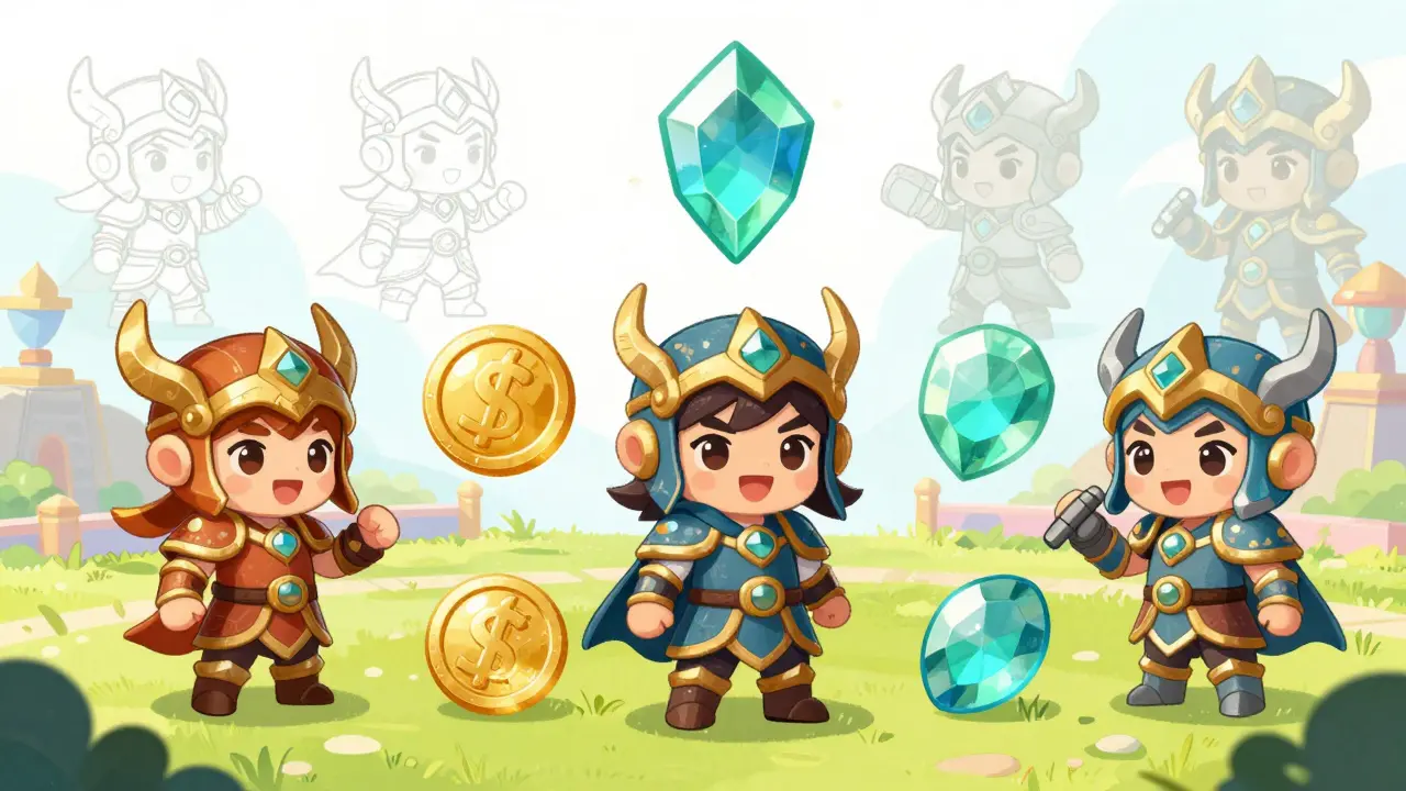 Héros de jeu entourés de gemmes dorées et bleues représentant des devises numériques.