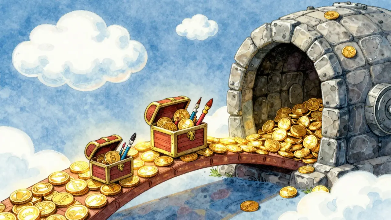 Pièces dorées brillantes formant un pont vers un coffre-fort magique