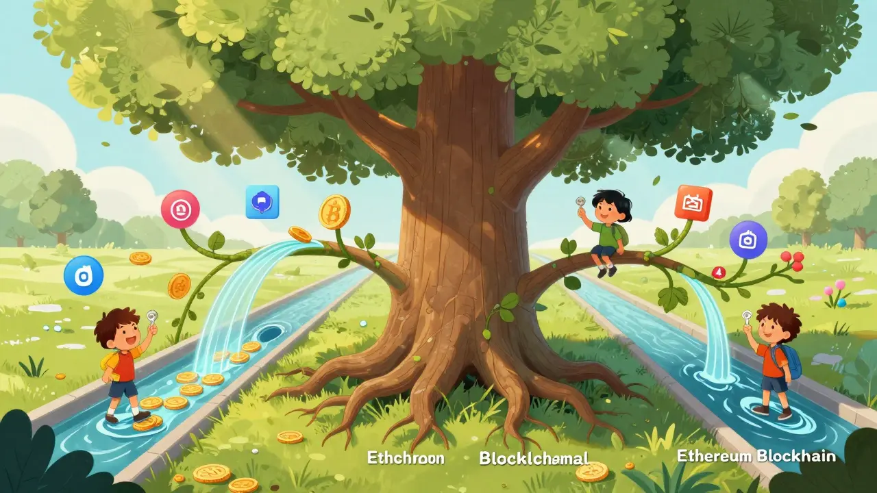 Un arbre magique relie la blockchain Bitcoin et Ethereum à deux types de canaux de scalabilité.