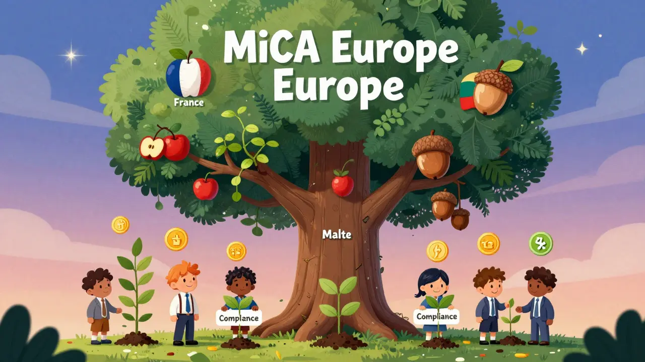 Un arbre MiCA en Europe montre les différences entre pays pour l'obtention de licence, avec des fruits variés.