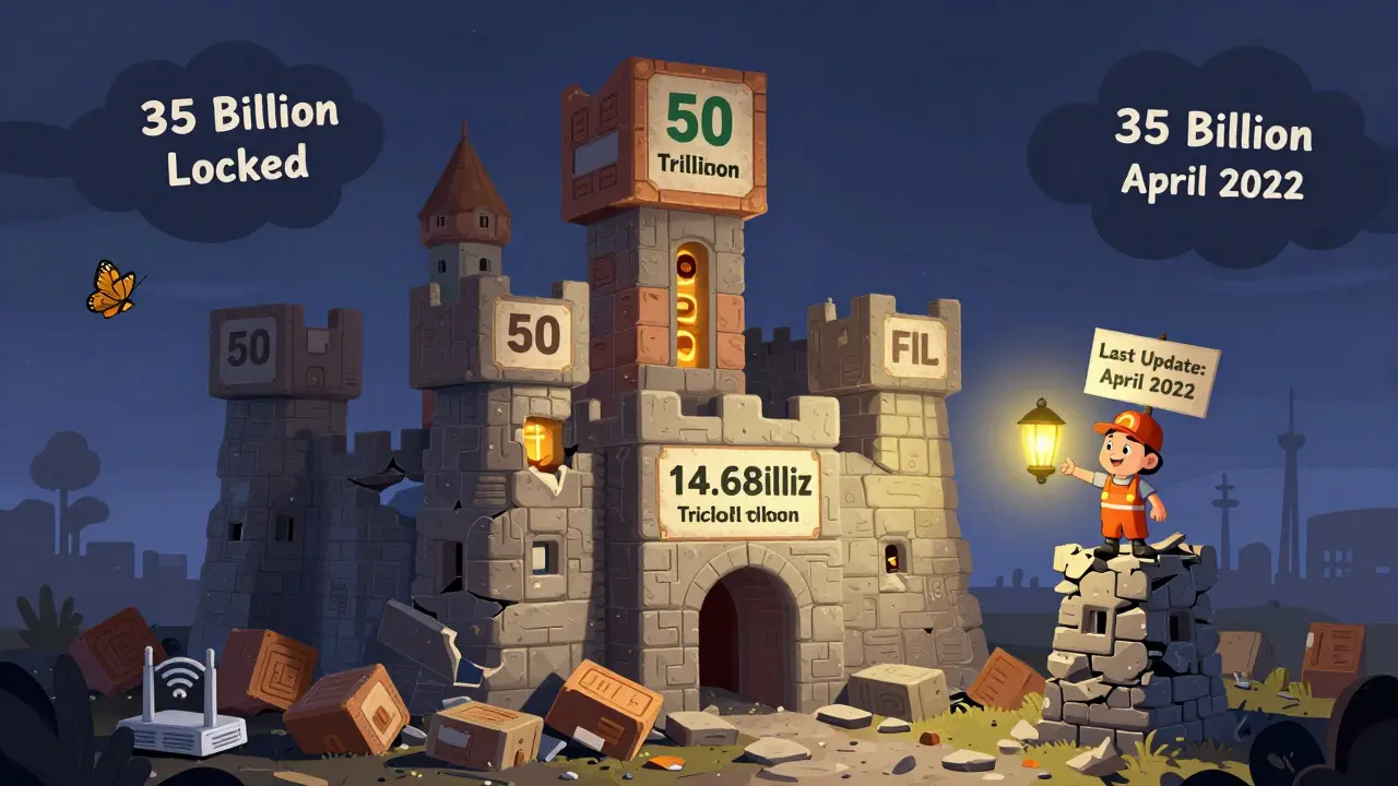 Un château de blocs blockchain effondré, avec seulement une partie des tokens visibles, entouré d’un nuage sombre et d’un panneau 'Dernière mise à jour : 2022'.