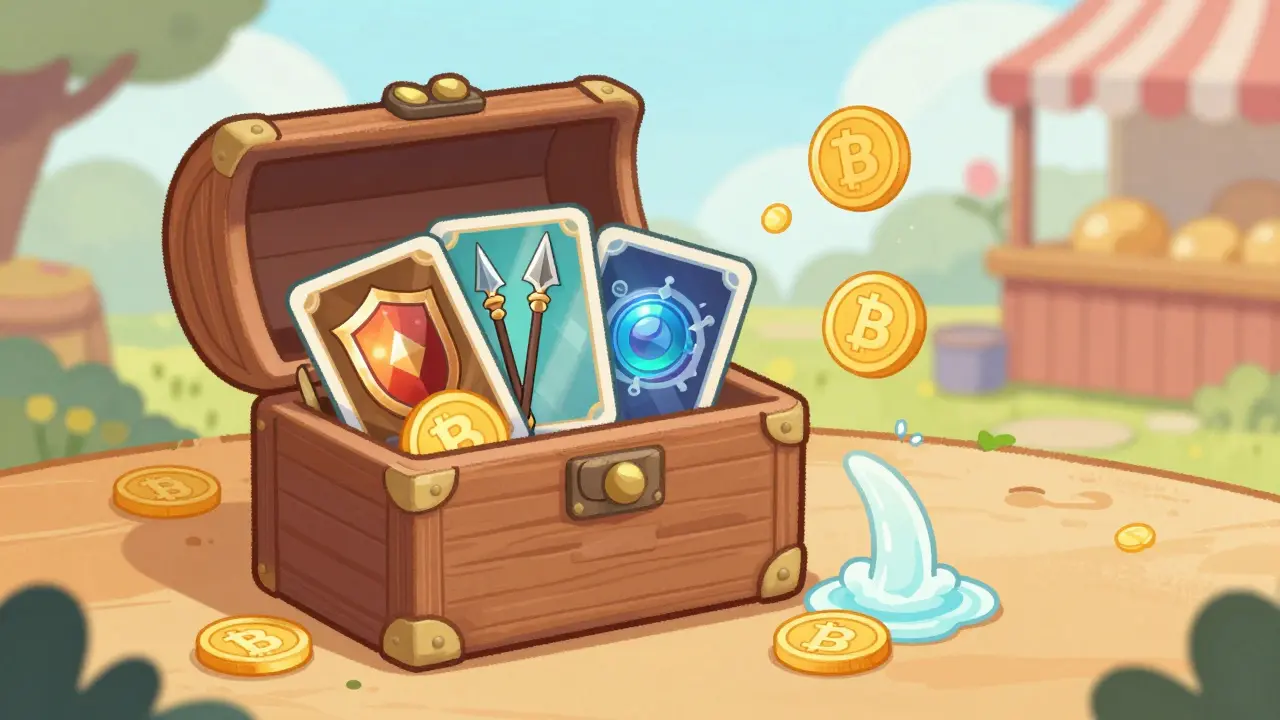 Un coffre en bois ouvert contient des cartes NFT EpicHero, des pièces BNB coulent doucement comme un ruisseau magique.