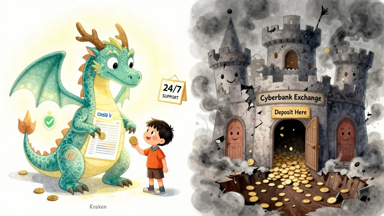 Un dragon amical Kraken à côté d’un château en ruine Cyberbank, illustrant la vérité contre la fraude.