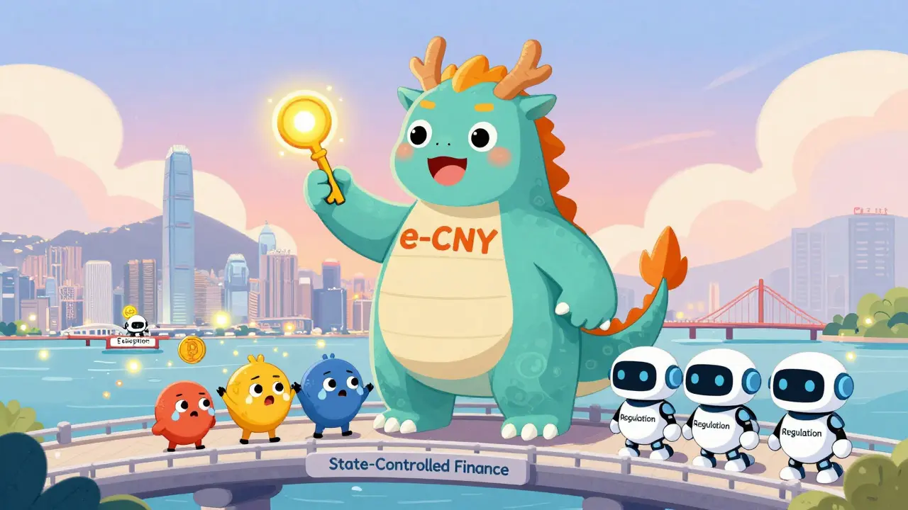Un dragon e-CNY guide des créatures crypto loin d'un pont étatique, tandis que Hong Kong brille à l'écart.