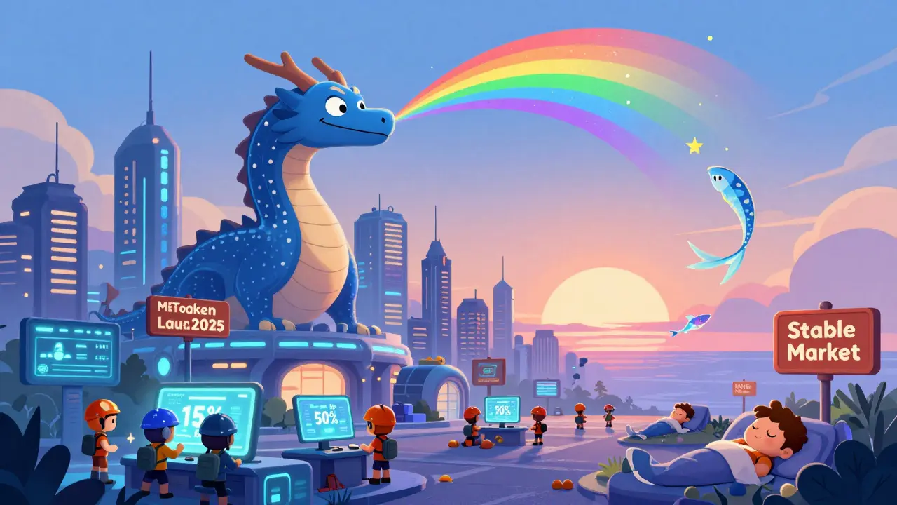 Un dragon météora crache des étincelles de frais sur une ville Solana, tandis que des traders surveillent leurs gains.