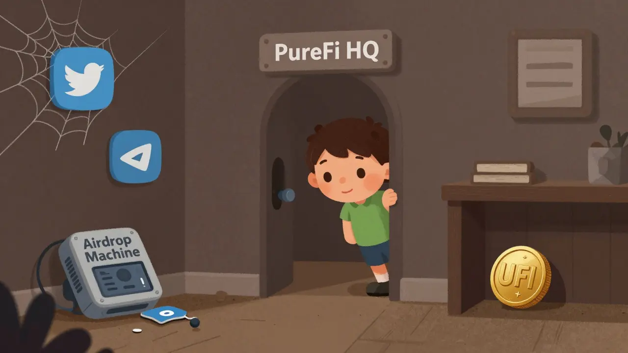 Un enfant regarde par un trou de serrure dans une pièce vide où un ancien distributeur d'airdrop est abandonné.