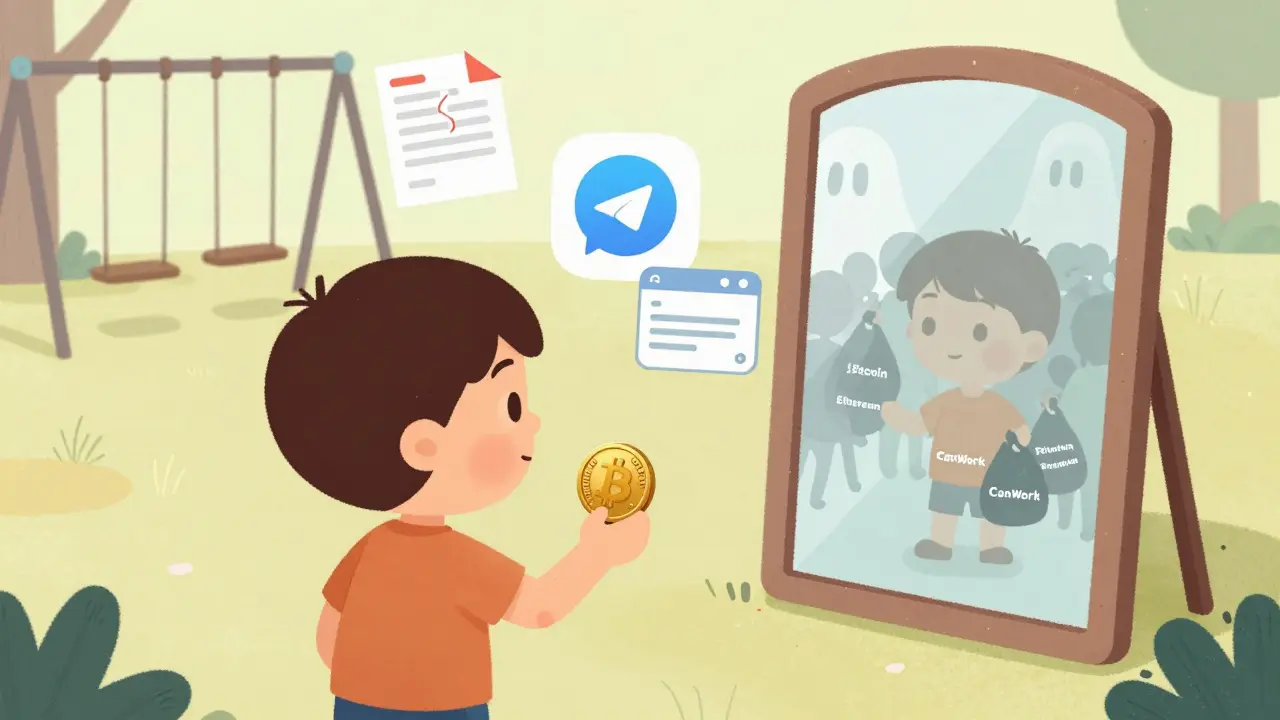 Un enfant regarde un miroir qui montre une foule qui s'éloigne, son propre reflet disparaissant doucement.