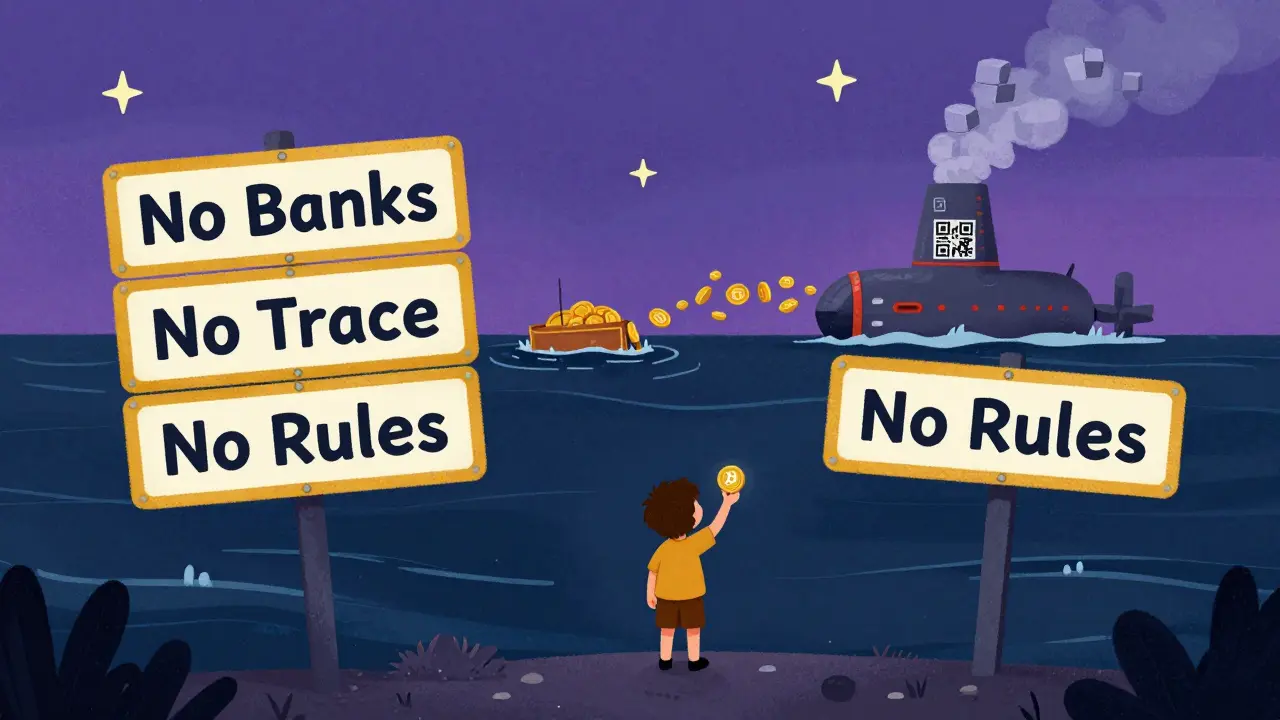 Un enfant regarde un océan numérique où des portefeuilles cryptos alimentent une usine nucléaire, sous un ciel étoilé en codes QR.