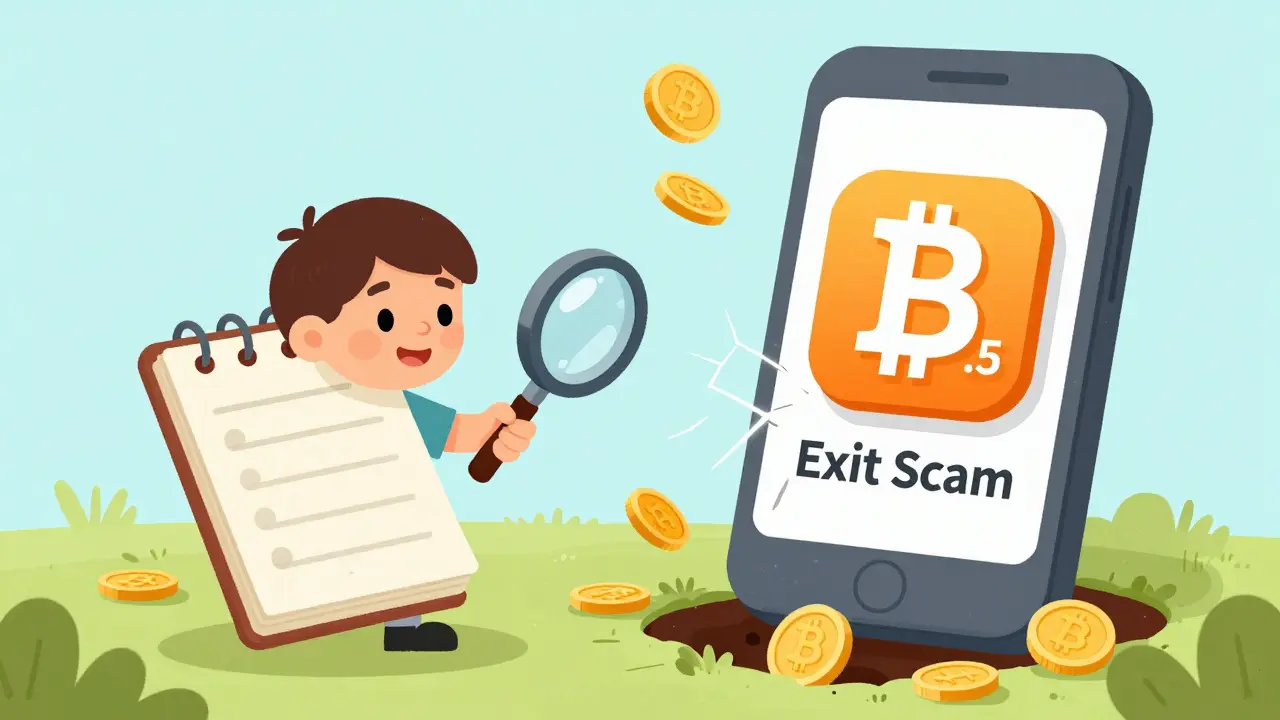 Un enfant regarde un registre blockchain vide pendant qu'une application affiche un solde fictif qui fuit dans un trou.