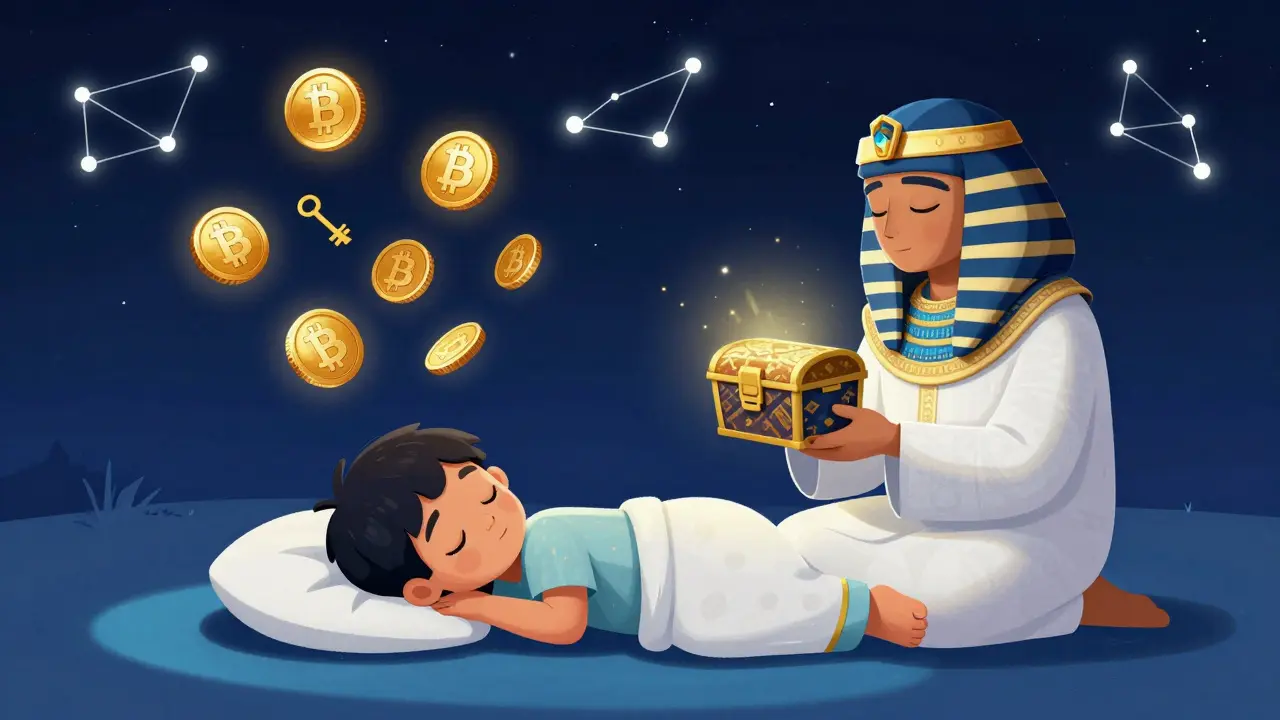 Un enfant rêve de cryptomonnaies qui deviennent des clés et des boucliers sous un ciel étoilé.
