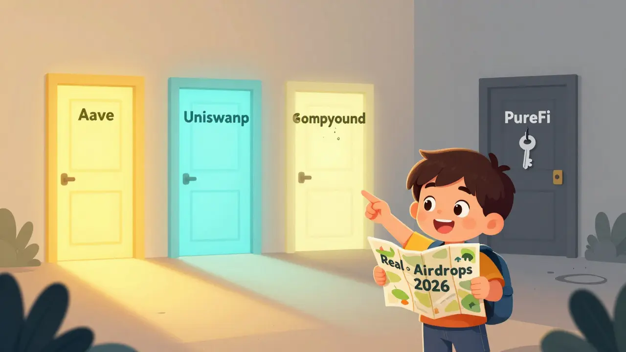 Un enfant suit une carte vers trois portes lumineuses avec des projets DeFi actifs, tandis qu'une porte fermée s'efface dans l'ombre.