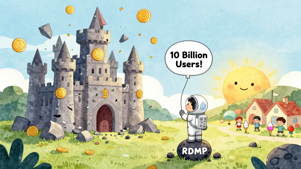 Un enfant sur un astéroïde RDMP regarde s'effondrer un château de symboles crypto, sous un ciel pleurant des pièces SOL.