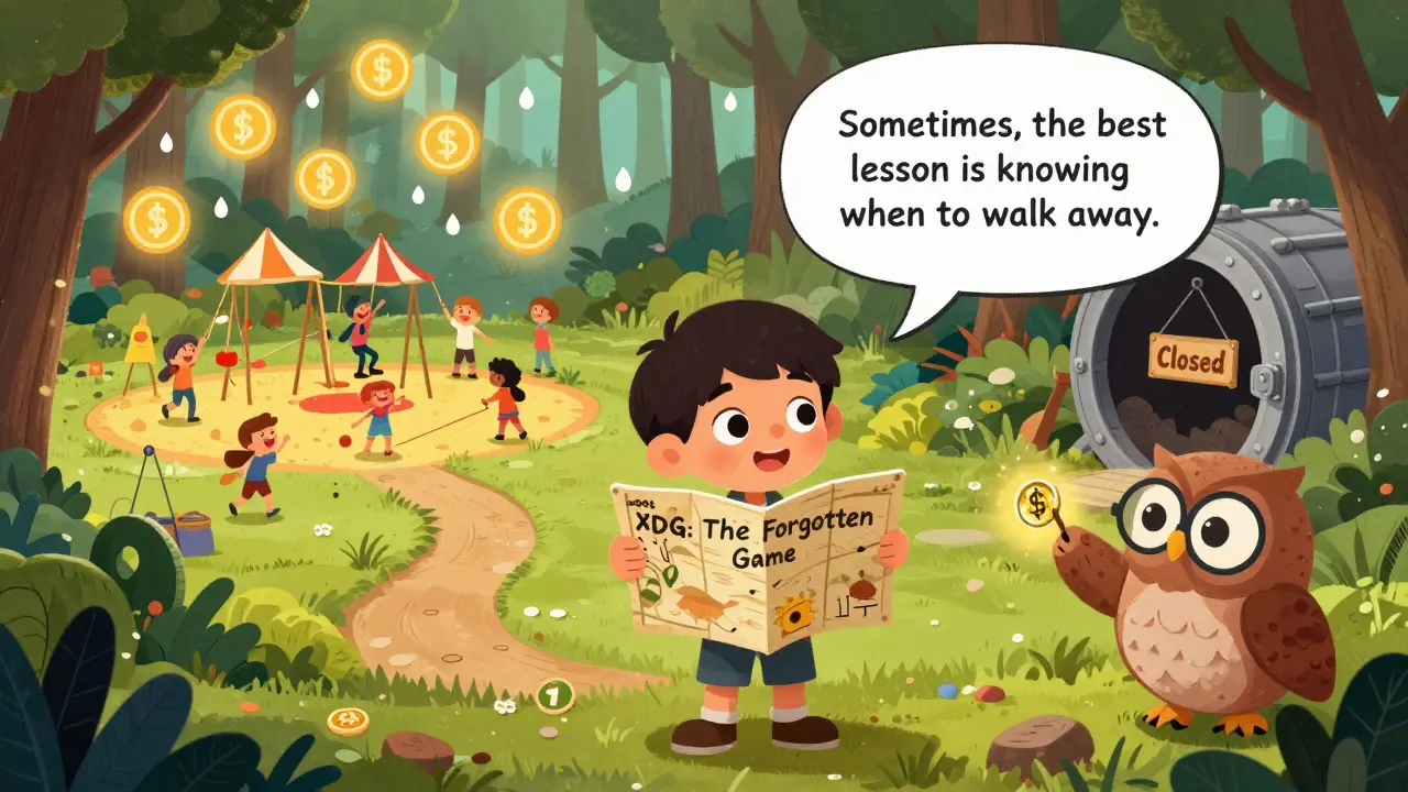 Un enfant tient une carte au bord d'une forêt de symboles crypto, guidé par une chouette sage, dans un style de conte illustré.