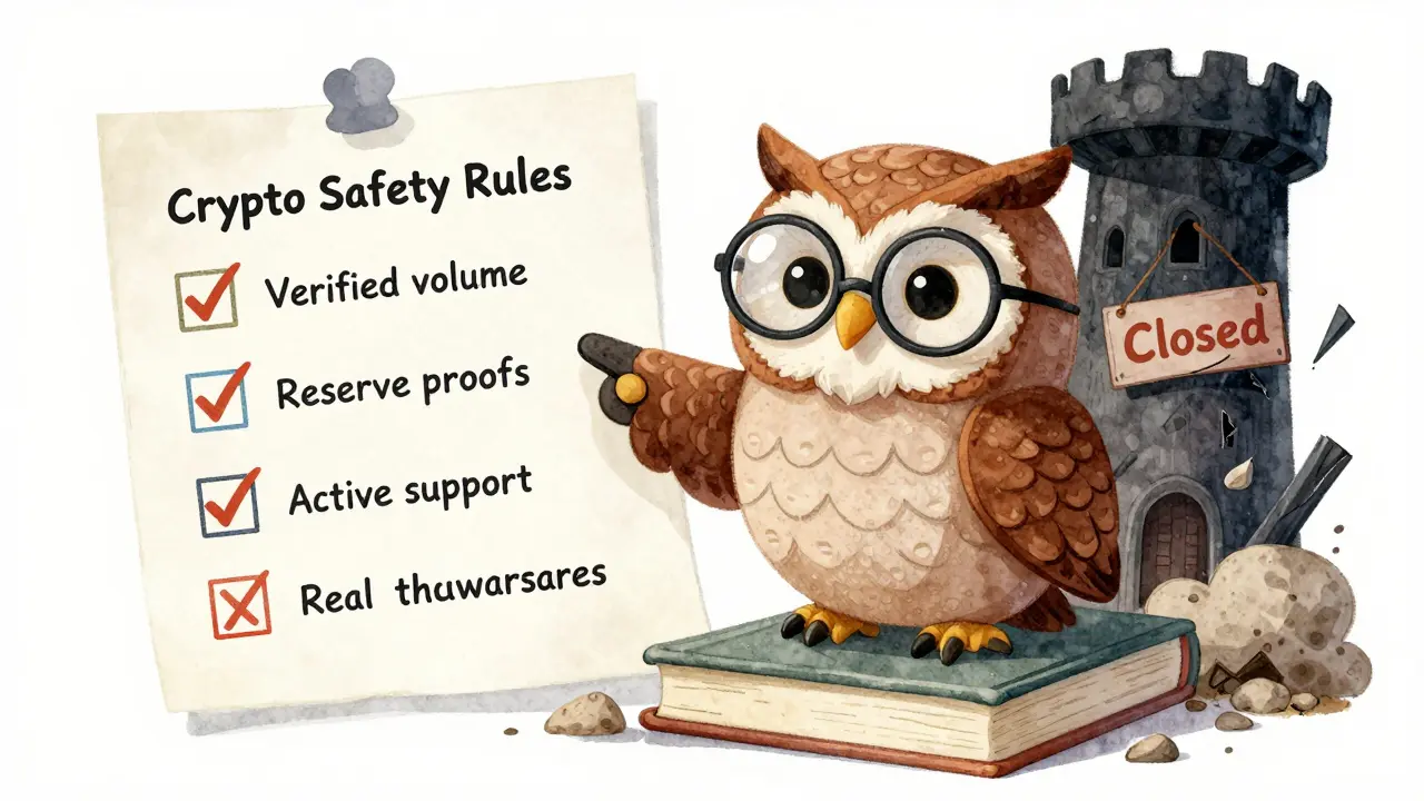 Un hibou sage montre une checklist pour choisir un échange crypto fiable, avec un échange défectueux qui s'effondre derrière lui.