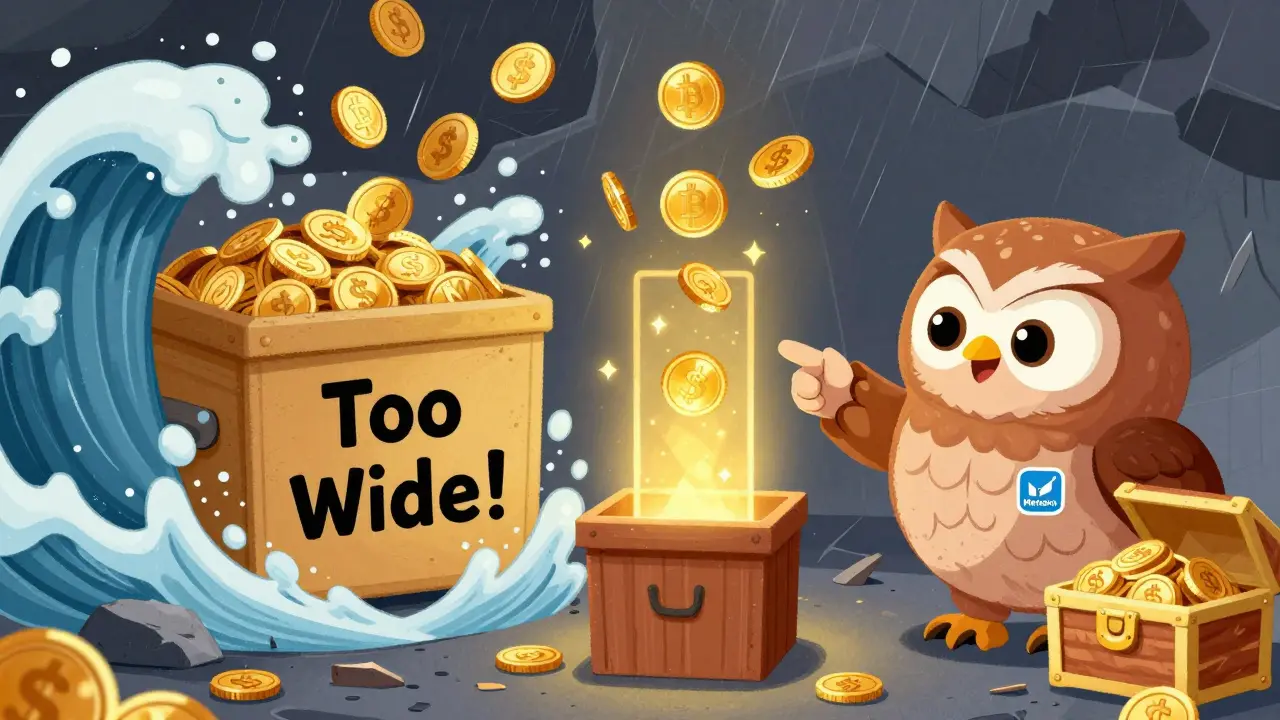 Un nouveau trader hésite entre un bin trop large et un bin parfaitement centré, guidé par une chouette sage.