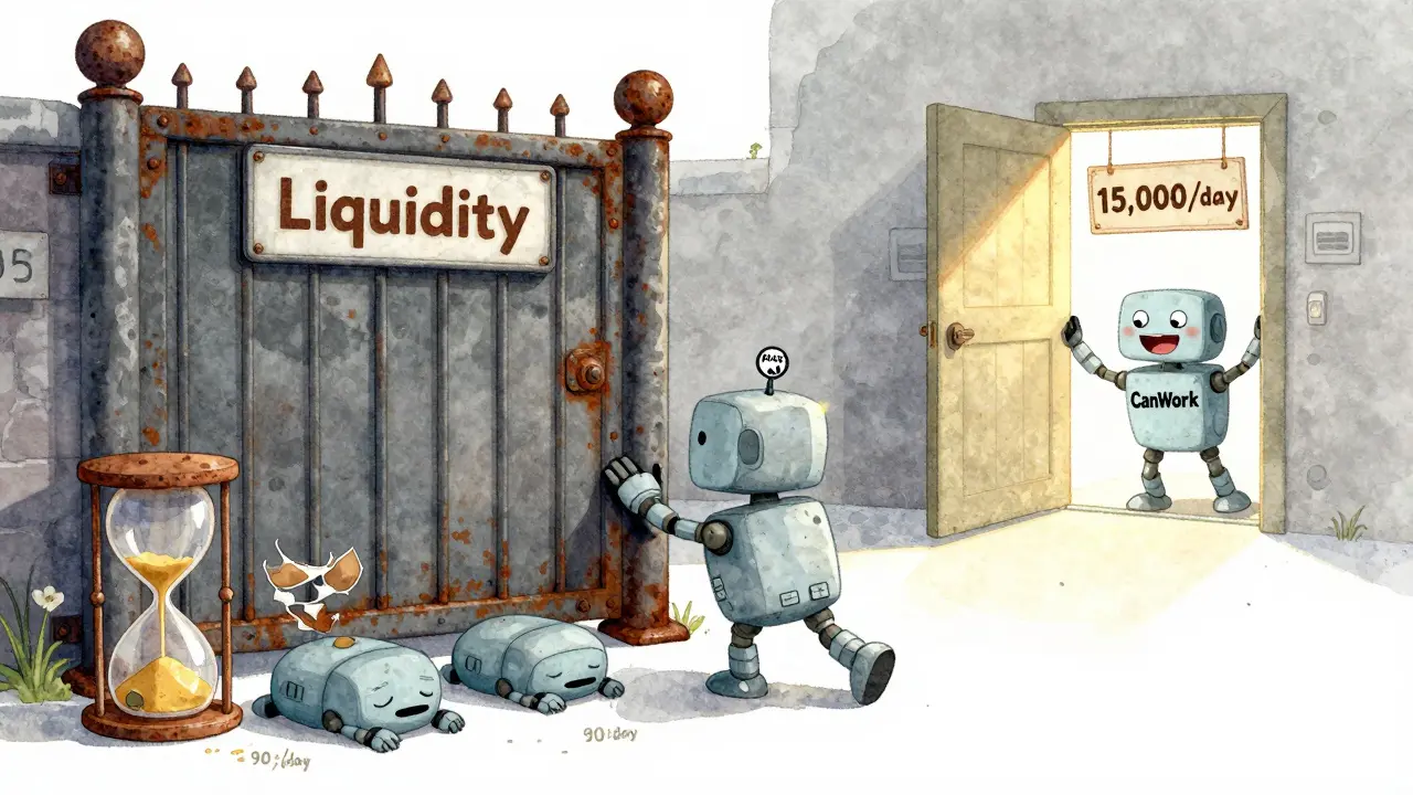 Un petit robot tente de pousser une porte fermée, tandis qu'un autre robot ouvre une porte lumineuse à côté.