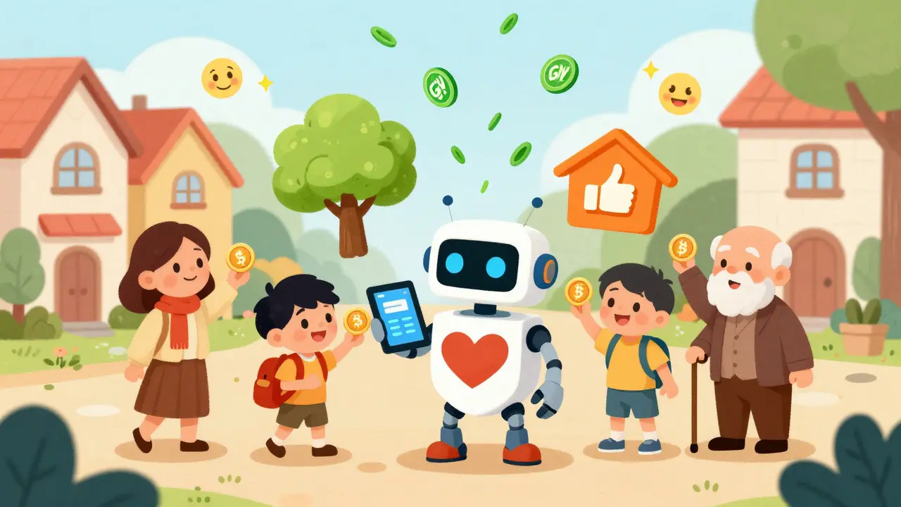 Un robot amical aide des personnes à donner des crypto-coins à des projets qui prennent forme d'arbres, de livres et d'abris.