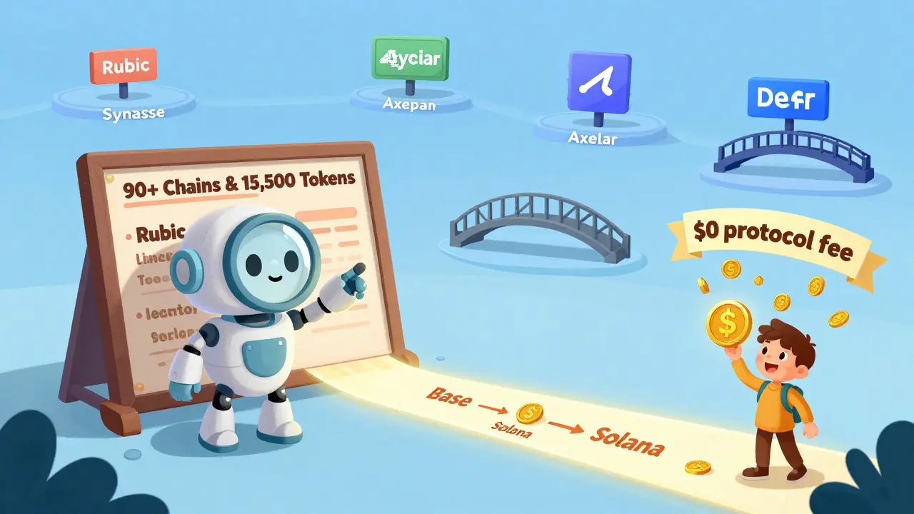 Un robot avec une loupe guide un utilisateur vers le meilleur pont sans frais de protocole.