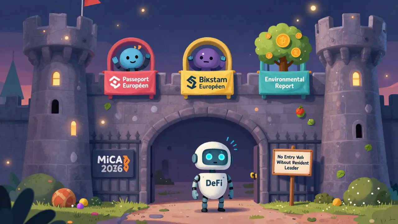 Un robot DeFi est bloqué à l'extérieur d'un château alors que des entreprises autorisées saluent depuis les balcons.