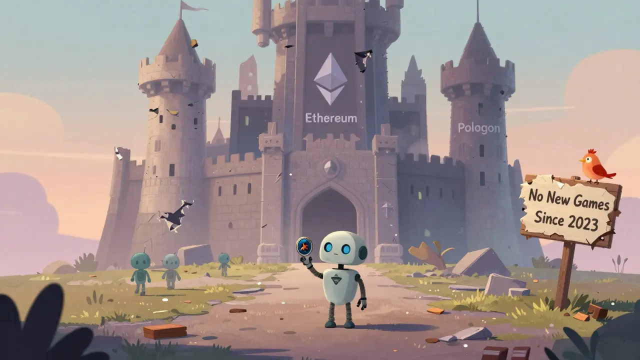 Un robot seul face à un château blockchain abandonné, sous un ciel doux et triste, dans un style de dessin pour enfants.