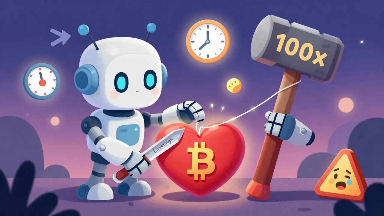 Un robot tenant un scalpel près d'un Bitcoin en forme de cœur, avec un marteau '100x' prêt à frapper, symbole du risque du levier.