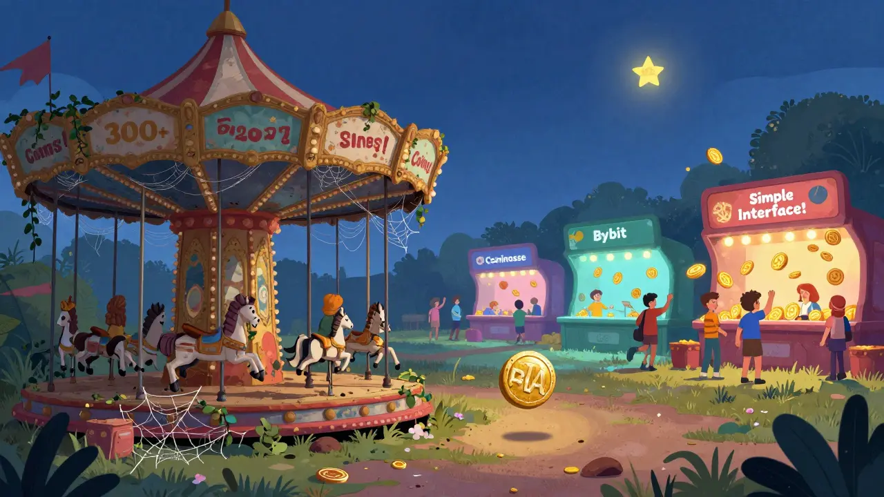 Une attraction abandonnée appelée Bilaxy, recouverte de vigne, tandis que d'autres échanges brillent au loin.