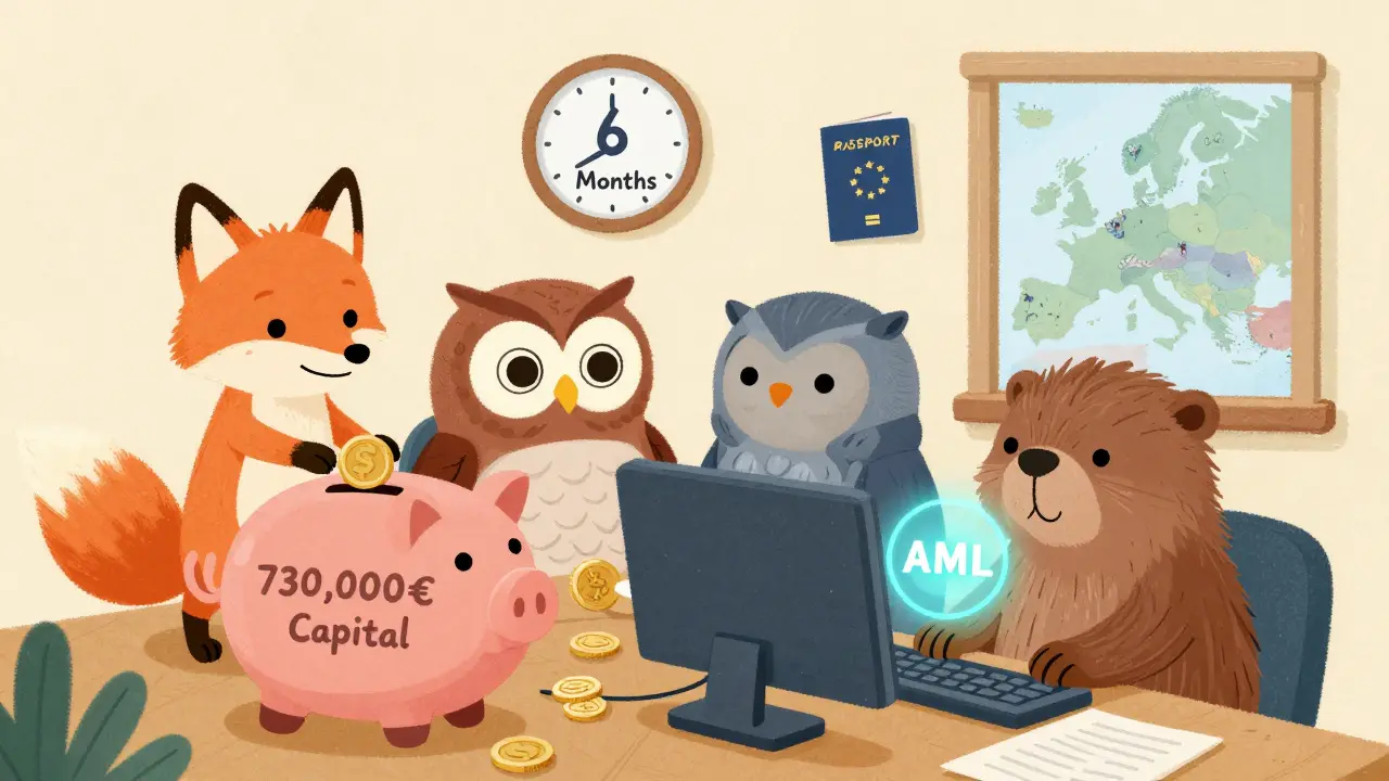 Une équipe d'animaux travaille dans un bureau européen, déposant des pièces dans une tirelire géante.