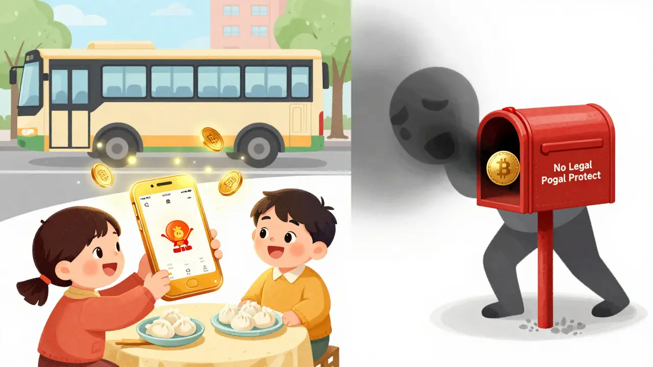 Une famille utilise le yuan numérique pour payer ses achats, tandis qu'un homme tente en vain d'envoyer des cryptos dans une banque.