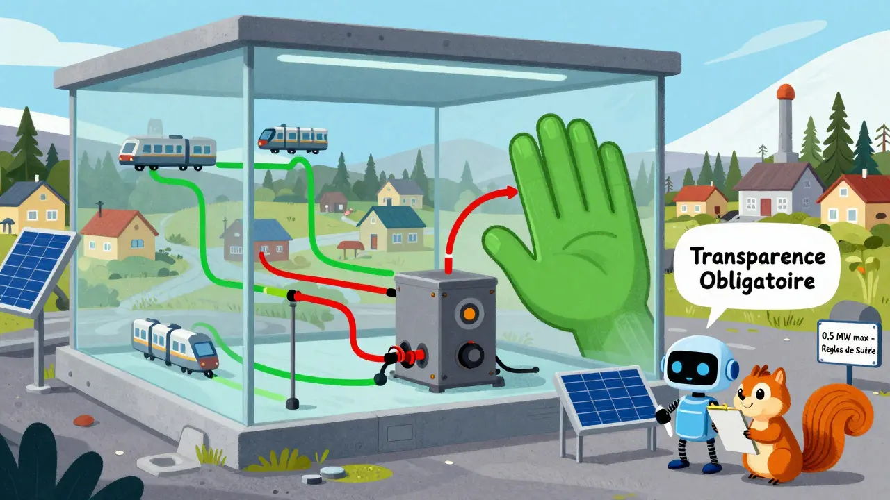 Une installation de minage en Suède avec des panneaux transparents montrant la consommation d'énergie et une main verte qui bloque les excès.