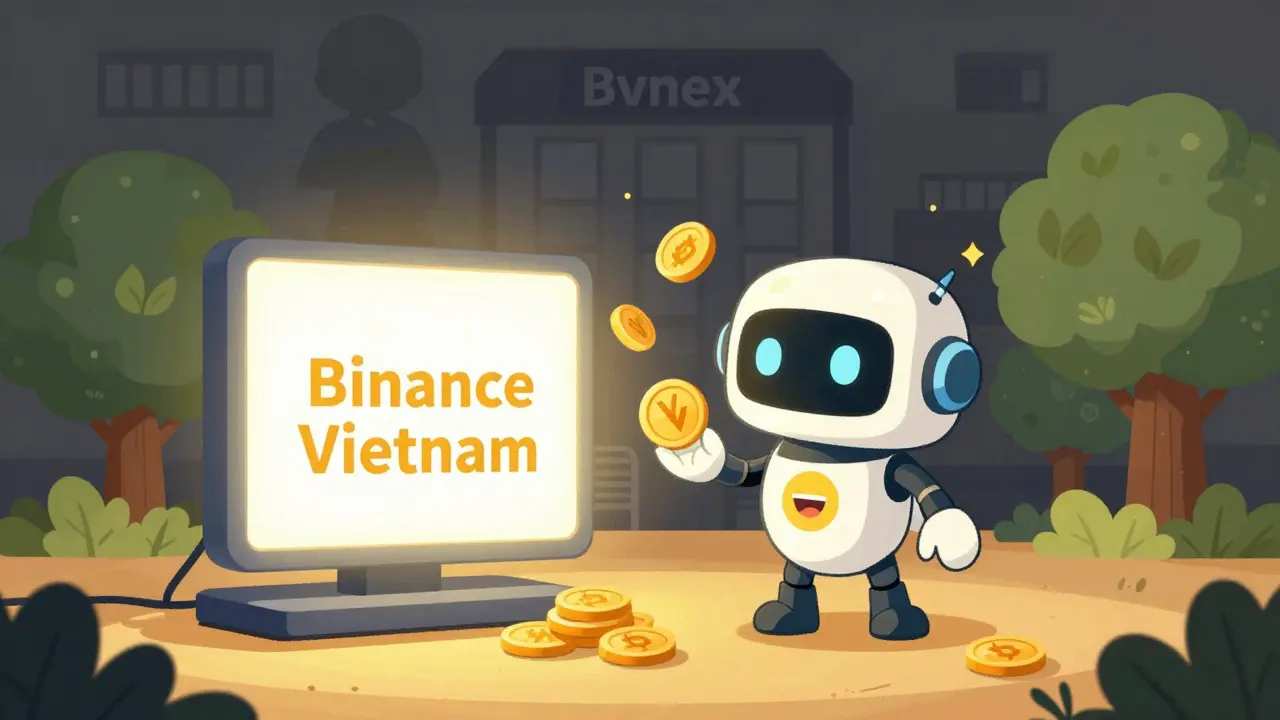 Une plateforme d'échange joyeuse appelée Binance Vietnam qui aide des utilisateurs heureux, tandis que Bvnex disparaît en arrière-plan.