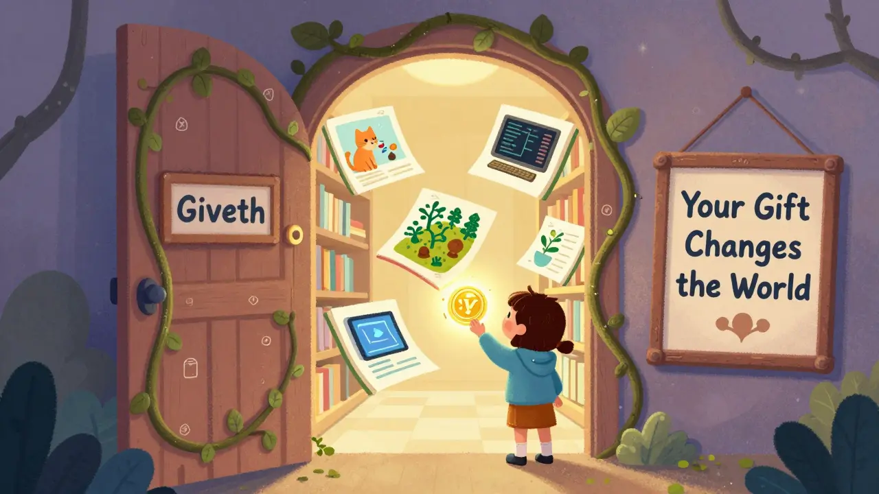 Une porte magique révèle une bibliothèque flottante où chaque livre montre l'impact d'un don, comme un chat nourri ou un jardin qui pousse.