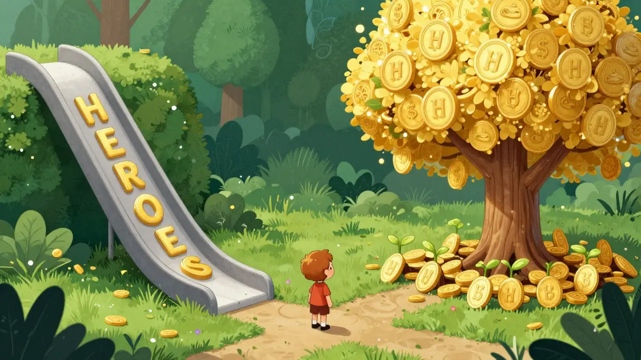 Choix entre vendre rapidement des jetons ou les faire fructifier dans un jardin doré.