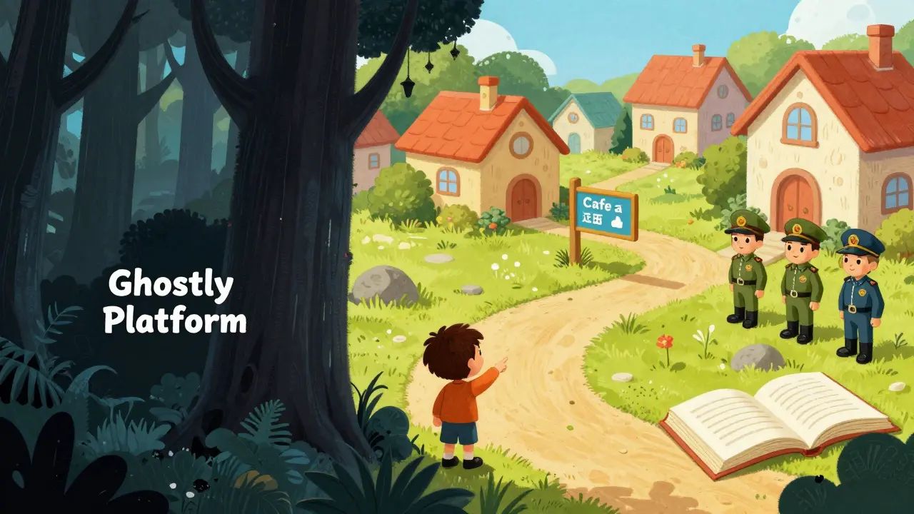 Comparaison entre une forêt sombre et un village organisé et sécurisé.