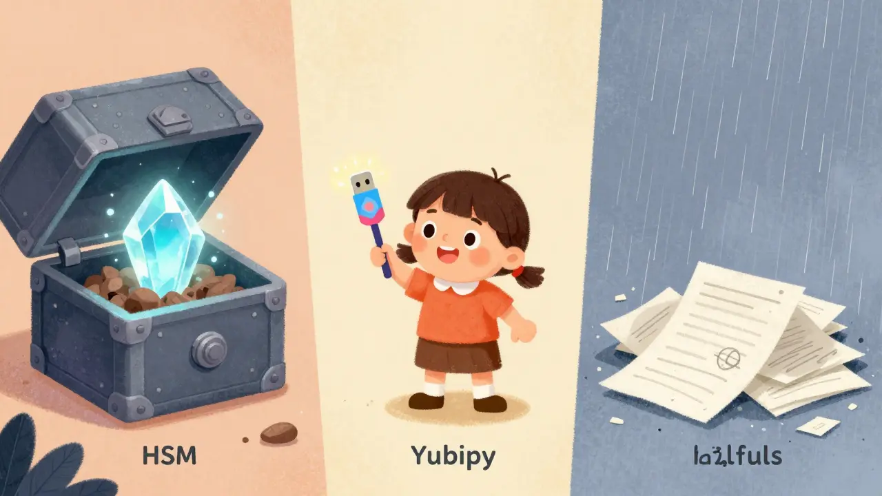 Comparaison illustrée d'un module HSM, d'une clé USB et de fichiers texte sous forme de dessins colorés.